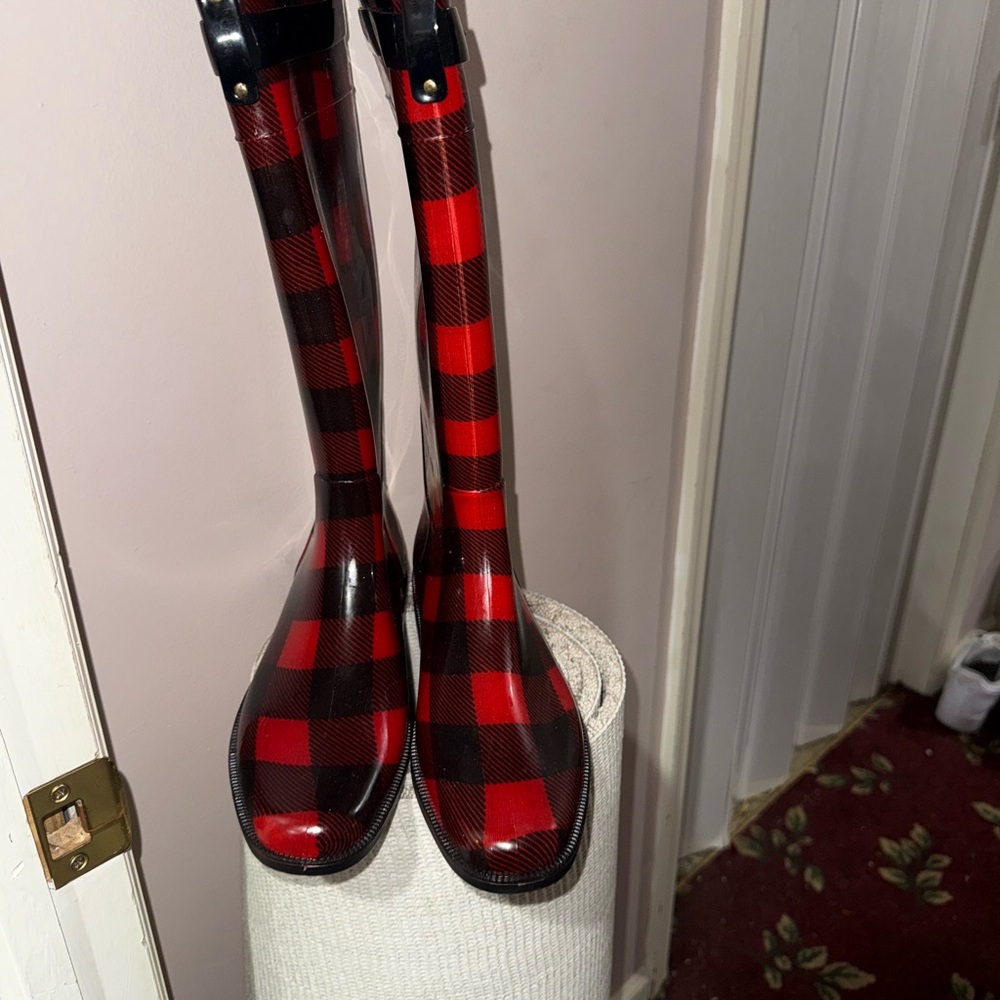 Red and Black Ralph Lauren Plaid Rain Boots